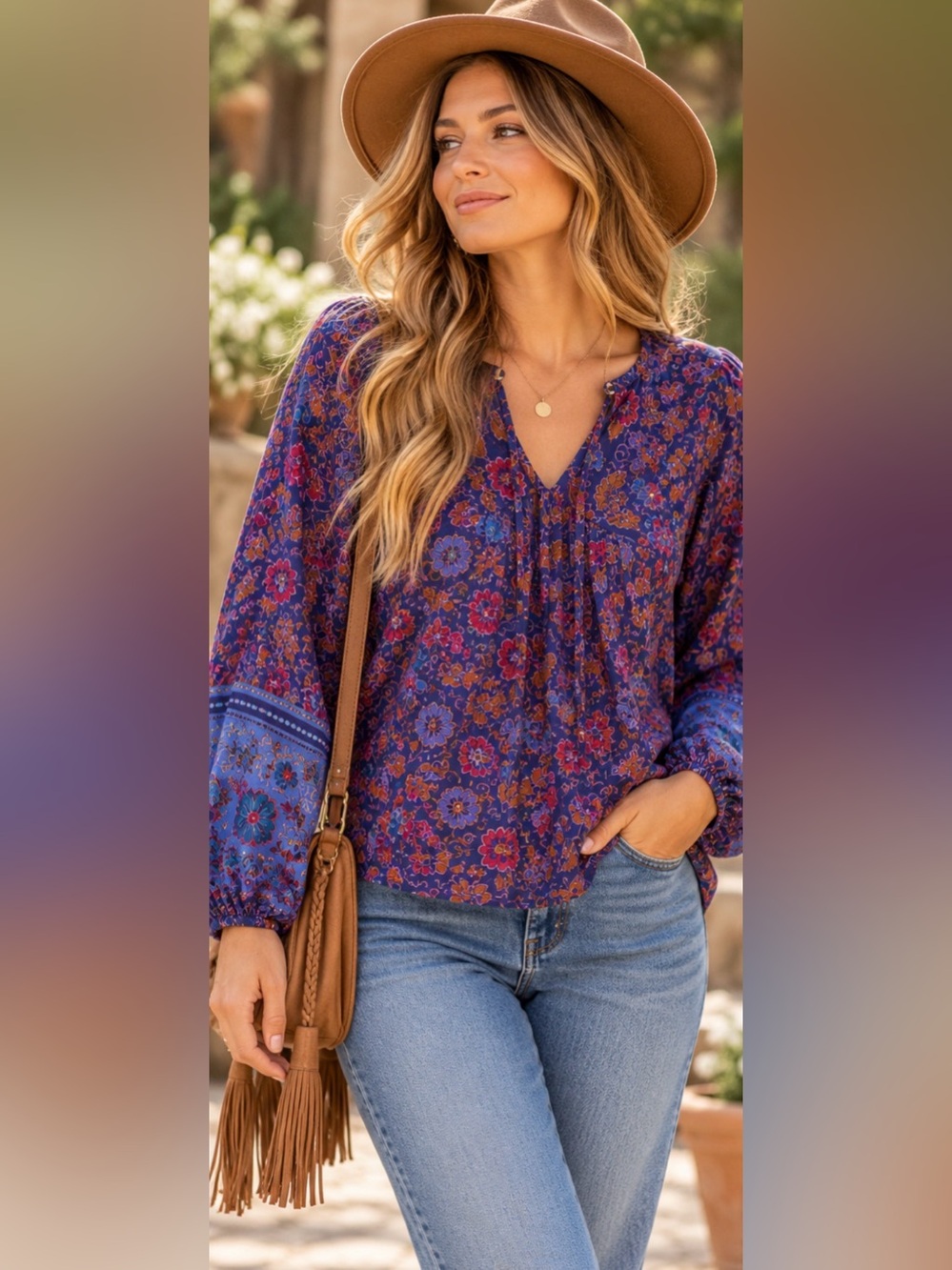 NATURAL LIFE Purple Floral Tassel-Peasant Blouse Balloon Sleeve Cottagecore